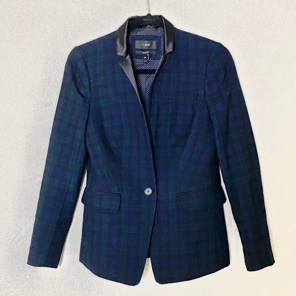 J. Crew Watchplaid Wool Women's Blazer with Satin Collar & Single Button Closure